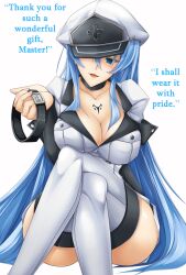  akame_ga_kill! blue_hair boots breasts cleavage collar collarbone empty_eyes esdeath femsub hat large_breasts long_hair manip masta_(manipper) military_uniform open_mouth tattoo text thigh_boots thighhighs 