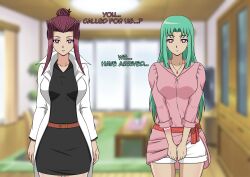 aged_up akiza_izinski blue_hair breasts clothed collar doggos_doujins english_text femsub glowing_eyes lab_coat light_skin looking_at_viewer luna multiple_girls multiple_subs open_mouth purple_eyes red_hair skirt text yu-gi-oh! yu-gi-oh!_5d's