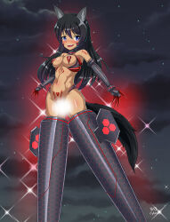 animal_ears bangs bare_shoulders black_hair blue_eyes blush body_markings bottomless censored claws collar crotch_tattoo cyber female_only femsub gloves happy_trance long_hair navel neuroization nipple_piercing nipples opera_gloves original piercing signature smile solo tail tan_skin tattoo tech_control thigh_boots thighhighs topless weapon wide_hips