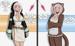  animal_ears before_and_after blue_eyes blush breasts cleavage comic cozification crystal dark_skin fake_animal_ears femdom femsub fire_force happy_trance hoodie large_breasts long_hair pajamas pendulum pink_hair polmanning princess_hibana sequence solo symbol_in_eyes text 