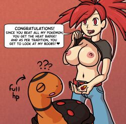  breasts exposed_chest femsub flannery large_breasts naughtysableye nintendo no_bra pokemon pokemon_ruby_sapphire_and_emerald ring_eyes shirt_lift text torkoal unaware 