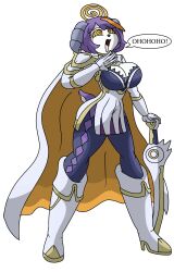 armor ayuko_(jcroth) baldr_(fire_emblem) boots cape cosplay english_text femsub fire_emblem fire_emblem_heroes furry goat_girl happy_trance horns hypnotic_accessory indeedee laughing nintendo original pokemon pokemon_(creature) protoybonnie purple_hair purple_skin short_hair spiral spiral_eyes spiralwash_eyes sword symbol symbol_in_eyes tail text weapon white_skin