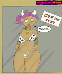 absurdres breasts collar cow_girl cowbell dark_skin enid_(ok_ko) female_only femsub horns ok_k.o.!_let&#039;s_be_heroes open_mouth purple_hair short_hair simple_background solo spiral_eyes symbol_in_eyes temperancedraws text