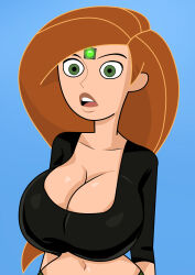  breasts brown_hair cleavage expressionless female_only femsub ghostlessm green_eyes kim_possible kim_possible_(series) large_breasts long_hair microchip navel open_mouth red_hair shirt simple_background tech_control 