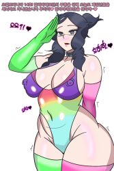 alternate_costume alternate_hair_color arms_behind_back bare_shoulders black_hair blush breasts cleavage collar erect_nipples erect_nipples_under_clothes female_only femsub glasses gloves grey_eyes heart kei korean_text large_breasts leotard light_skin malamar_outfit malva_(pokemon) navel nintendo open_mouth opera_gloves pokemon pokemon_legends_z-a pokemon_x_and_y saluting simple_background spiral_eyes symbol_in_eyes text thick_thighs thighhighs thighs translation_request white_background