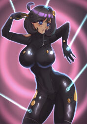 ahoge black_hair blue_eyes blush bodysuit collarbone dark_skin drool emma_(pokemon) expressionless eyebrows_visible_through_hair female_only femsub glowing_eyes hair_clips human_puppet jewelry large_breasts open_mouth pokemon pokemon_legends_z-a posing restrained shrunken_irises smeef solo spiral_background tech_control wide_hips zero_suit