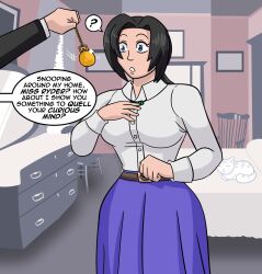  alyssa_(silkmerchant) bedroom before_and_after belted_skirt black_hair blue_eyes cat dialogue femsub long_skirt maggotmike maledom open_mouth pocket_watch ponytail shirt speech_bubble surprised text 