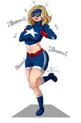  altered_perception blonde_hair chicken_pose dc_comics enetheligthingdancer erect_nipples femsub happy_trance justice_league_action! justice_league_unlimited midriff pet_play shorts spiral_eyes stargirl super_hero symbol_in_eyes text thick_thighs 