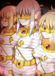 blonde_hair bondage breasts breath chains collar corruption eye_mask fate/grand_order fate_(series) female_only femsub hair_ribbon jewelry kusayarou mordred_(fate) morgan_le_fey_(fate) multiple_girls multiple_subs mummification nipple_weights open_mouth pasties ponytail preview ribbon saber_alter standing_at_attention white_hair