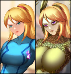 before_and_after blonde_hair blue_eyes bodysuit breast_expansion breasts cleavage corruption femsub hadant huge_breasts large_breasts metroid_(series) monster_girl nintendo pink_eyes ponytail samus_aran sequence tagme zero_suit