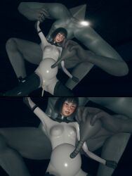  3d ass black_hair blush brown_eyes censored comic corruption cum cum_in_pussy dazed femsub gloves high_heels honey_select_2 injection kneeling latex monster murochi-san navel_penetration opera_gloves parasite pregnant rubber short_hair small_breasts soldier_no.2_(murochi-san) tears thigh_boots thighhighs tight_clothing 