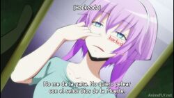 assassination_classroom blue_eyes cell_phone drool empty_eyes female_only open_mouth purple_hair ritsu_(assassination_classroom) screenshot short_hair spanish spoilers tech_control text translated