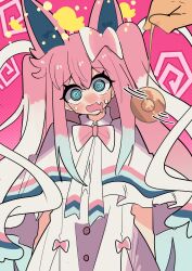  absurdres ambiguous_pov androgynous_dom animal_ears blue_eyes blush bow dazed drool female_only femsub multicolored_hair nintendo pendulum personification pink_hair pokemon pokemon_x_and_y pov pov_dom pride_colors spiral spiral_eyes sweat sylveon twintails uma_izawa very_long_hair 