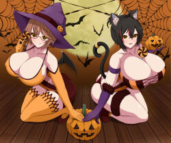  ahoge blush breasts candy cat_ears cat_girl cat_tail cleavage femsub gloves glowing glowing_eyes halloween happy_trance hat huge_breasts large_hips looking_at_viewer mameneko manip misterman4_(manipper) multicolored_hair original pumpkin short_hair spiral_eyes symbol_in_eyes tagme wings witch witch_hat 
