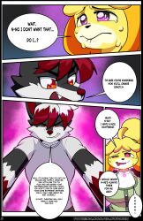  absurdres animal_crossing artifact_the_fox blonde_hair breasts clothed collar comic corruption dialogue dog_girl dress_shirt drool evil_smile eyelashes femsub fox_boy furry glowhorn glowing hair_band isabelle_(animal_crossing) large_breasts lip_biting looking_at_viewer magic maledom nintendo open_mouth orange_eyes original pink_eyes ponytail red_hair scared sharp_teeth shirt shortstack simple_background size_difference smile smirk speech_bubble sweat t-shirt tied_hair white_hair 