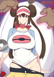  absurdres breasts brown_hair coin double_hair_bun empty_eyes expressionless female_only femsub glowing glowing_eyes hair_buns hat huge_breasts hypno large_breasts long_hair nintendo pendulum pokeball pokemon pokemon_black_and_white_2 rosa_(pokemon) solo sweat twintails undressing yanje 