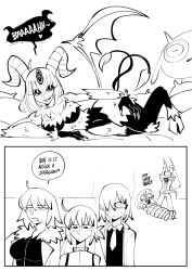  ahoge artoria_caster_(fate) assertive_sub blush breasts chair claws clinickcase clothed corruption demon demon_girl dialogue edmond_dantes_(fate) eldritch embarrassed english_text eyelashes eyeshadow fate/grand_order fate_(series) femdom femsub glasses goat_girl goddess greyscale hair_covering_one_eye hat heart high_heels hooves horns hourglass_figure humor jacket jacques_de_molay_(foreigner) jeanne_alter large_breasts lineart long_hair long_nails lying makeup mashu_kyrielight midriff monochrome multiple_girls multiple_tails naughty_face navel nude open_mouth pants posing possession presenting restrained ritsuka_fujimaru_(female) rope scared seductive_smile short_hair shub-niggurath simple_background smile speech_bubble spiral spiral_eyes sweat symbol_in_eyes tail text thighs third_eye tie tongue tongue_out weapon white_background wings yuri 