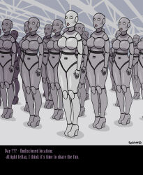 bald barcode drone femsub high_heels original robotization sortimid standing standing_at_attention transformation