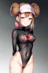  ai_art alternate_costume arms_behind_back bow brown_hair cameltoe empty_eyes erect_nipples erect_nipples_under_clothes female_only femsub hair_buns happy_trance hat leotard looking_at_viewer nintendo pink_eyes pokemon pokemon_black_and_white_2 rosa_(pokemon) rubber see-through seiha_(generator) smile solo stable_diffusion_(ai) standing team_rocket twintails 