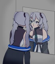 absurdres bare_shoulders blue_hair clothed dazed drool empty_eyes esbypno female_only femsub glowing grey_hair hypnotic_eyes jacket leaning_forward long_hair mirror open_mouth original reflection self_hypnosis senka_(bluehypno) simple_background slouching solo tie twintails