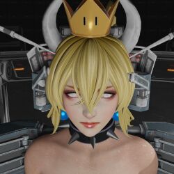  3d blonde_hair bowser bowsette brain_injection choker collar crown earrings esccc exposed_chest expressionless femsub horns new_super_mario_bros._u_deluxe nintendo nude ponytail restrained super_crown super_mario_bros. sweat whitewash_eyes wufan870203 