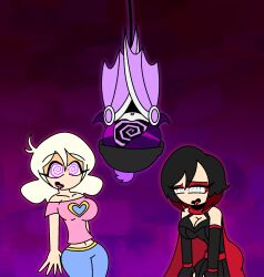 abbie_(mindwave) aged_up ahoge alternate_costume bare_shoulders beanie belt cape collarbone crossover drool eyebrows_visible_through_hair eyelashes eyeshadow femsub fingerless_gloves goth grey_eyes hanging_down happy_trance hypnoscream large_ass large_breasts leaning_forward mindwave multicolored_hair multiple_girls multiple_subs murder_drones open_mouth opera_gloves pants platinum_blonde_hair pov_dom purple_background purple_eyes purple_hair ruby_rose rwby shiny_hair shirt simple_background skirt smile spiral_eyes spiralwash_eyes standing uzi_doorman wide_hips wings