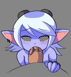 animated animated_gif blue_skin blush crossed_eyes earrings fellatio femsub furry goggles goggles_on_head jewelry league_of_legends looking_at_viewer male_pov manip penis piercing pov purple_hair purple_skin short_hair simple_background spiral_eyes symbol_in_eyes topless tristana_(league_of_legends) white_hair yordle