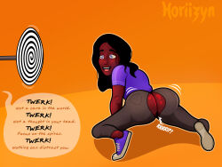 all_fours ass ass_focus black_hair dancing dark_skin dialogue exercise femsub happy_trance horiizyn large_ass long_hair mantra no_panties open_mouth original purple_eyes signature smile sneakers speech_bubble spiral spiral_eyes symbol_in_eyes text torn_clothes twerk unaware