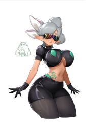  blush crop_top elf_ears female_only femsub glasses gloves hair_buns hypnoshades inkling large_breasts littleblood marie_(splatoon) midriff mole navel nintendo open_mouth short_hair signature silver_hair simple_background solo splatoon splatoon_2 tattoo thighhighs underboob watermark white_background 