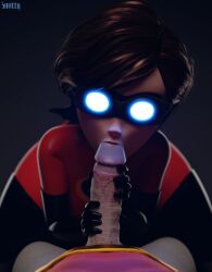  3d brown_hair expressionless fellatio femsub gloves glowing_eyes goggles helen_parr large_hips maledom milf netorare oral penis short_hair smitty34 super_hero tech_control the_incredibles 