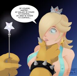 blonde_hair bowser chin_hold crown dialogue earrings english_text erect_nipples femsub hair_covering_one_eye hand_on_another's_cheek hypno_boba magic_wand maledom nintendo princess princess_rosalina spiral_eyes super_mario_bros. super_mario_galaxy text 