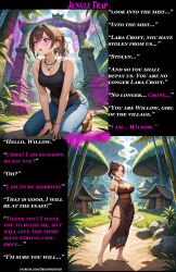 ai_art before_and_after belt breast_expansion breasts brown_hair domestication earrings femsub glowing_eyes gregory_michelson_(generator) jeans jewelry kneeling lara_croft large_breasts magic memory_alteration necklace pink_eyes standing tank_top text tomb_raider