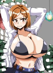  absurdres angry bikini_top blush breasts brown_eyes brown_hair doronzorro femsub glowing green_skin grey_background huge_breasts jeans jujutsu_kaisen kugisaki_nobara light_skin midriff monster navel open_clothes pants pendulum shirt simple_background sweat unhappy_trance 