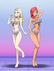  barefoot blonde_hair blush cleavage constance_von_nuvelle dancing empty_eyes female_only femsub fire_emblem fire_emblem_three_houses hairband hapi happy_trance harem_outfit heart_eyes large_breasts looking_at_viewer micro_bikini multiple_girls multiple_subs navel nintendo purple_eyes red_hair shinzu short_hair smile symbol_in_eyes 