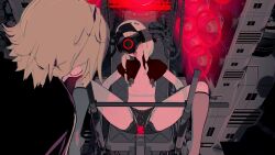  3d blonde_hair blood cables clothed_exposure corruption drone femsub headdress koikatsu! navel open_mouth pasties restrained sex_machine short_hair shorts spread_legs tears tech_control tongue tongue_out tskrn1 vaginal visor wires 
