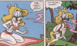  animaniacs before_and_after bikini blonde_hair breasts cleavage comic female_only femsub furry happy_trance hypnotic_gas kneeling large_breasts midriff minerva_mink mink_girl official screenshot smell sunglasses text tongue tongue_out traditional 
