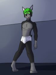 bottomless bulge furry fuzebox green_hair hare_boy male_only malesub open_mouth  tech_control topless underwear visor