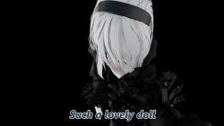  3d animated animated_gif breasts clothed corruption female_only femdom femsub glowing glowing_eyes happy_trance large_breasts nier nier_automata open_mouth pov saluting short_hair standing standing_at_attention symbol_in_eyes text virus vynil white_hair yorha_no._2_type_b 