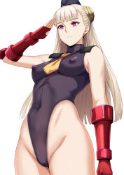  bare_shoulders blonde_hair capcom capcom_fighting_jam daiaru empty_eyes erect_nipples erect_nipples_under_clothes expressionless female_only femsub fingerless_gloves gloves ingrid_(capcom) leotard long_hair nipples pink_eyes saluting see-through shadaloo_dolls shoulder_pads simple_background small_breasts solo standing standing_at_attention straight-cut_bangs street_fighter tie white_background 