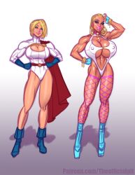  before_and_after bimbofication blonde_hair boots breast_expansion breasts cleavage_cutout clothed_exposure corruption dc_comics female_only femsub flexing hand_on_hip high_heels huge_breasts large_breasts long_hair looking_at_viewer muscle_girl power_girl short_hair smile super_hero superman_(series) theofficialpit 