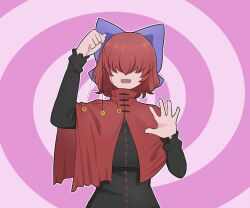 bow coin female_only femdom hair_covering_both_eyes matasoup open_mouth pendulum pov pov_sub red_hair sekibanki short_hair simple_background smile spiral touhou