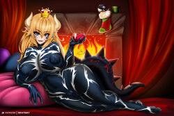 absurdres blonde_hair bottomless bowsette breasts chain_chomp cleavage corruption erect_nipples horns large_breasts new_super_mario_bros._u_deluxe nintendo nude rikatsuky super_crown super_mario_bros. symbiote tail topless