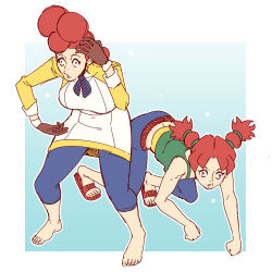  absurdres ape_escape barefoot clothed efalabrino empty_eyes feet female_only femsub kneeling midriff monkey_girl monkey_pose multiple_girls multiple_subs pants pet_play red_hair sandals shrunken_irises sketch twintails wall_eyed 