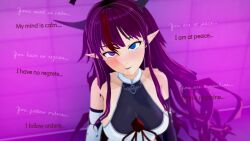 3d blue_eyes cyanstargazer elf_ears empty_eyes female_only femsub heterochromia hololive hololive_english horns irys_(hololive) koikatsu! mantra multicolored_hair purple_eyes red_hair text