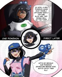  backpack black_hair comic computer dialogue female_only female_protagonist_(pokemon_winds_and_waves) femsub gecqua grey_eyes hat humor instant_loss messy_hair monitor nintendo parody pokeball pokemon pokemon_winds_and_waves purple_eyes shirt short_hair sitting smile speech_bubble spiral spiral_background spiral_eyes standing syas-nomis symbol_in_eyes text 