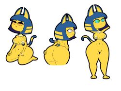  animal_crossing ankha_(animal_crossing) apopop ass bottomless breasts cat_girl egyptian female_only femsub furry happy_trance harem_outfit jewelry kaa_eyes multiple_views nintendo nude short_hair shortstack simple_background smile spiral_eyes spiralwash_eyes symbol_in_eyes topless 