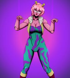 bare_shoulders cleavage female_only femsub horns looking_at_viewer mask megaguardain mina_ashido my_hero_academia pink_hair pink_skin possession puppet puppetization purple_background purple_eyes short_hair super_hero transformation