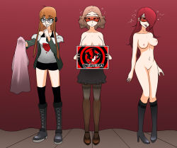  absurdres boots bottomless breasts brown_hair english_text expressionless female_only femdom femsub futaba_sakura glasses happy_trance haru_okumura knee-high_boots large_breasts long_hair mitsuru_kirijo nexus_light nude open_mouth orange_hair pantyhose persona_(series) persona_3 persona_5 red_hair short_hair skirt tech_control text thighhighs tongue tongue_out topless twintails unaware visor 