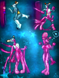 androgynous ball_gag before_and_after blue_eyes blue_hair dollification engineskye furry gag heart original pink_sclera pink_skin shiny_skin symbiote tech_control transformation