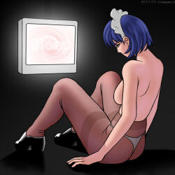  blue_hair breasts dazed female_only femsub hypnotic_screen large_breasts maid monitor original pantyhose short_hair sleepymaid solo spiral tech_control text topless 